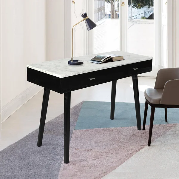 Viola 44x22 Rectangular Italian Carrara White Marble Writing Desk with Black Legs