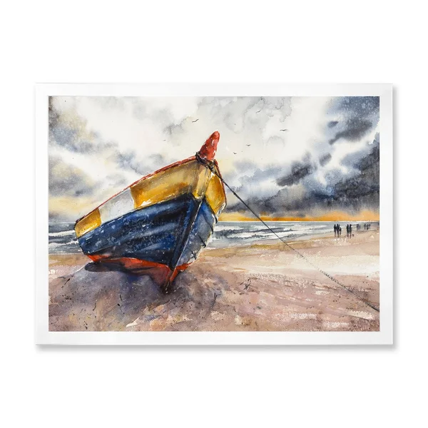 Designart &Wooden Boat on The Baltic Shores& Nautical & Coastal Framed Art Print - 32 in. Wide x 24 in. High - Black
