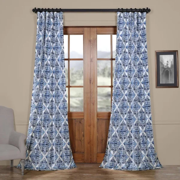 Exclusive Fabrics Tiera Printed Faux Silk Taffeta Blackout Curtain (50 x 96 - Blue)