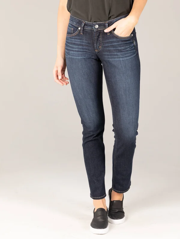 Silver Jeans Women's Suki Mid Rise Straight Leg Jeans Dark Wash in Dark Indigo 36 x 29, Cotton/Elastane/Polyester