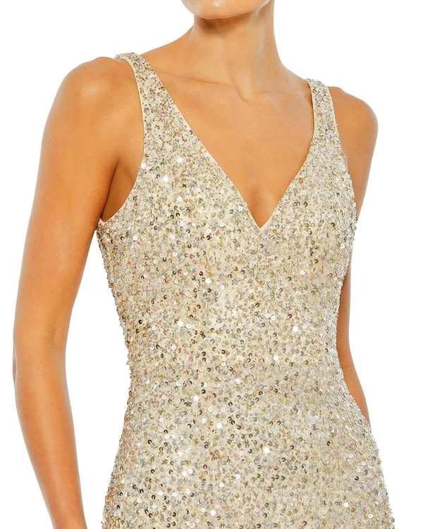Mac Duggal Sequined High Slit Evening Gown Shimmering Gold, 8