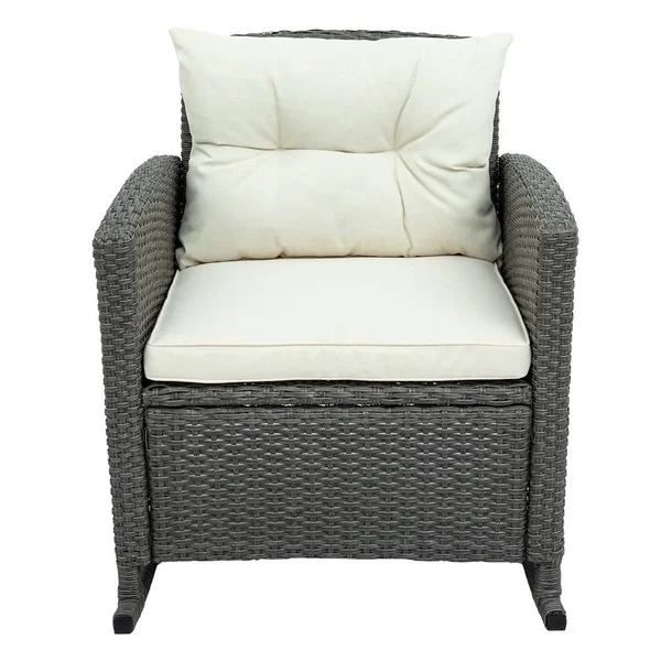 3 Piece Rocking Patio Furniture Set - Brown Rattan and Beige Cushion