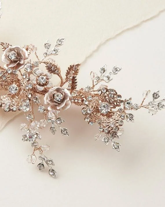 DarethColburnDesigns Crystal Bridal Hair Clip, Floral Wedding Hair Piece, Bridal Headpiece, Rose Gold Hair Comb, Flower Crystal