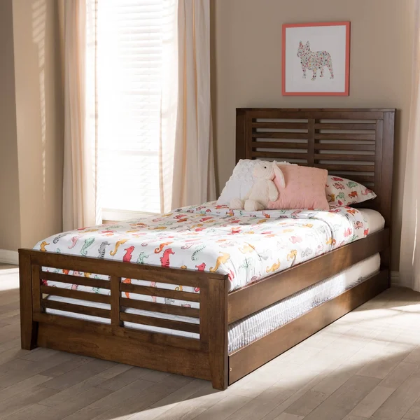 Sedona Modern Classic Mission Style Walnut Finished Wood Platform Bed with Trundle Brown Twin - Baxton Studio
