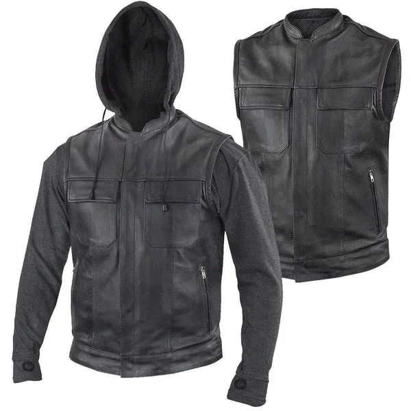 Xelement Bxu1006 Men's &Jax& Black Leather Motorcycle Hoodie Jacket with Convertible Vest Black, Size: XL
