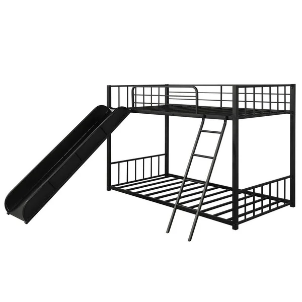 Qualfurn Paula Black Twin Over Twin Metal Bunk Bed with Slide