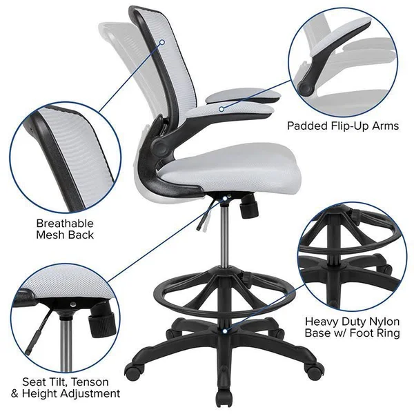 Alamont Mid-Back White Mesh Ergonomic Drafting Chair with Adjustable Foot Ring and Flip-Up Arms [BL-ZP-8805D-WH-GG]