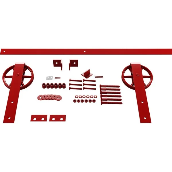 Premium Wagon Wheel Strap Barn Door Hardware Set w/ 6& Track for 1 3/4x22 Doors - Regal Red