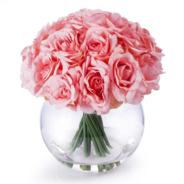 Enova Home 21 Heads Rose Silk Flower Arrangement in Round Clear Glass Vase with Faux Water - Pink
