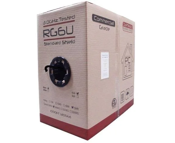 RG6 Coaxial Cable, 18 AWG BC, 100% Al Foil + 60% Al Braid, CMR Black