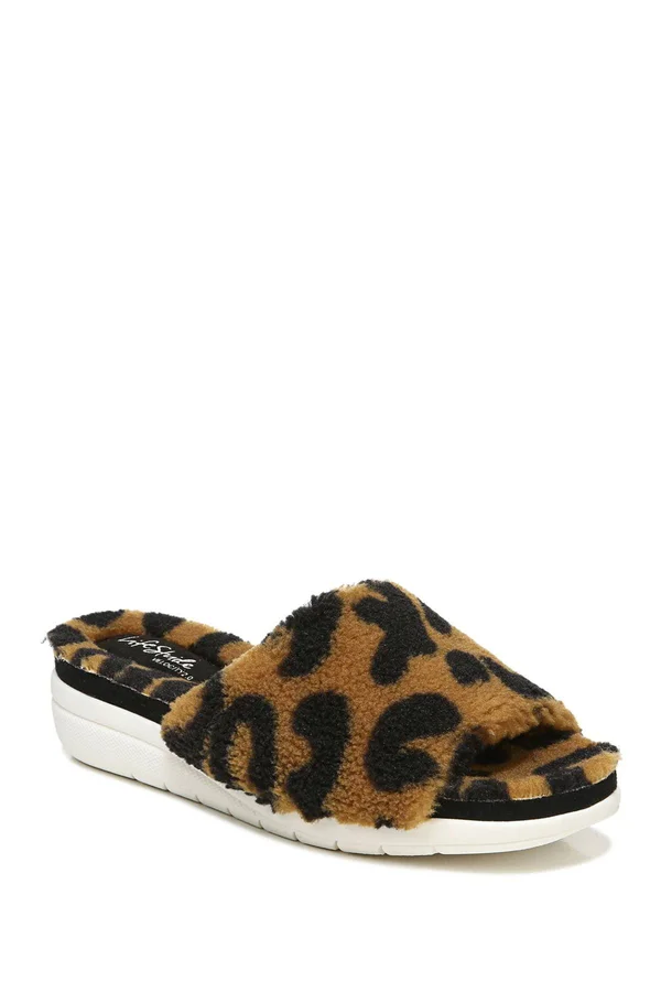 LifeStride Plush Slipper Slides - Tan Leopard - Size 10W