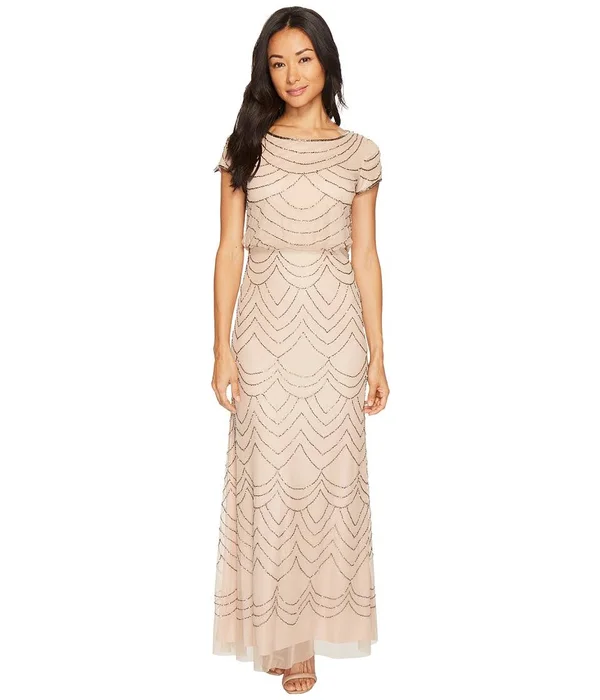 Adrianna Papell Short Sleeve Beaded Blouson Gown - Taupe/Pink