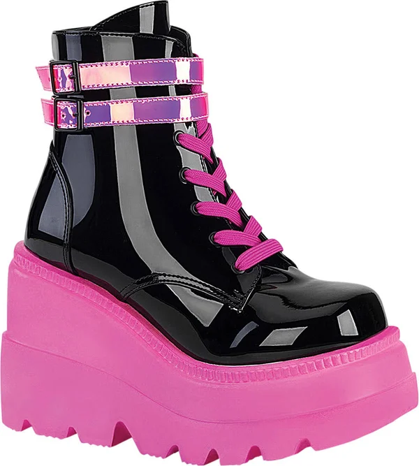 SHAKER-52, 4 1/2x22 Wedge Platform Lace-Up Ankle Boot Black Pat-UV Neon Pink, Size 5