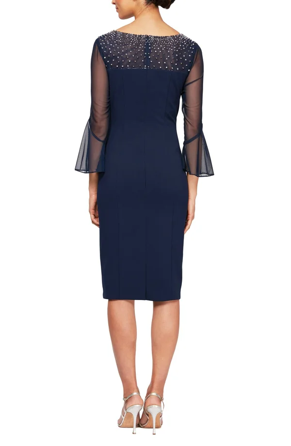 Alex Evenings Women's Illusion Bell Sleeve Sheath Dress - Navy Silver - Size 12
