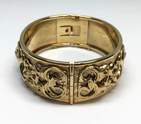 Estate Gold Tone Wide Scroll Heart Oval Bangle Bracelet with Safety Chain