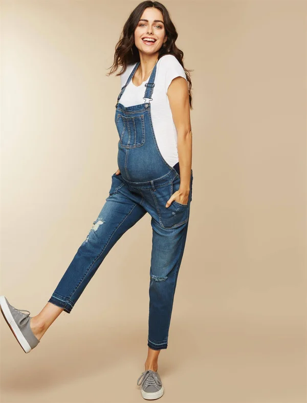 Indigo Blue Side Panel Letdown Hem Maternity Overalls in Medium Wash - S - Motherhood Maternity