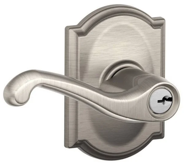 Schlage F51AFLA619CAM Flair Lever with Camelot Trim Keyed Entry Lock Finish: Satin Nickel