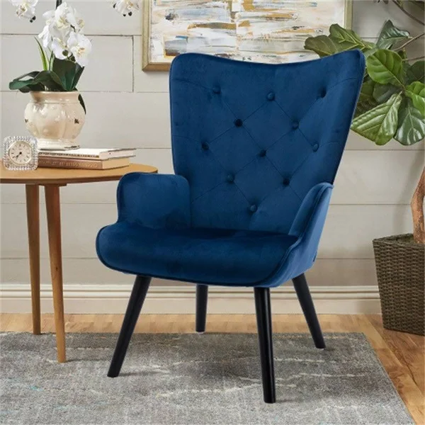 [Pre-Sale]Living Room Velvet Fabric Accent Chair/ Leisure Chair with Wood Feet - Navy Blue, 37.8" x 27.17" x 27.56"