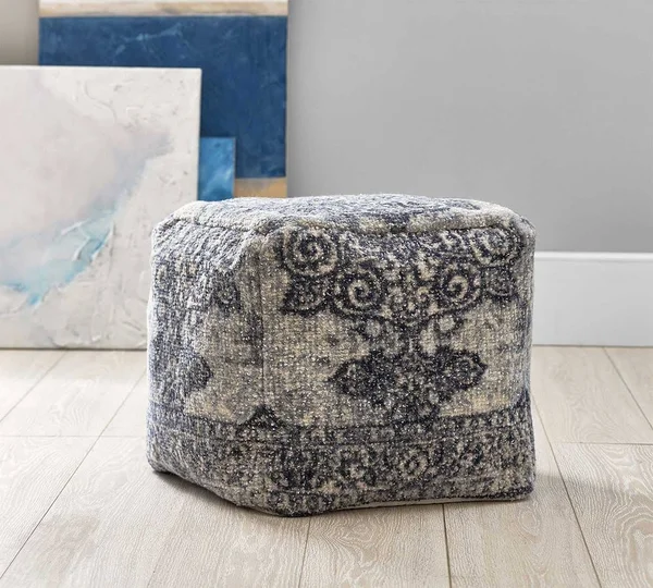 Scroll Printed Pouf - 17x17x18