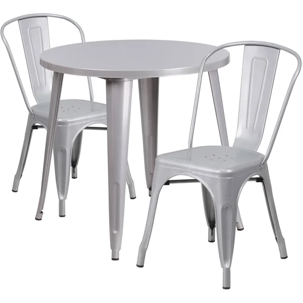 Round Silver Metal Indoor-Outdoor Table Set with 2 Cafe Chairs