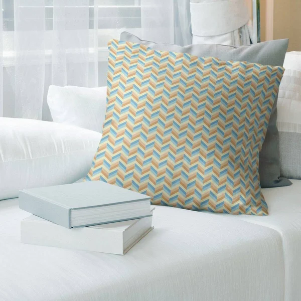 Blue Chevrons Throw Pillow - 14 x 14 - Blue & Orange - Synthetic Fiber