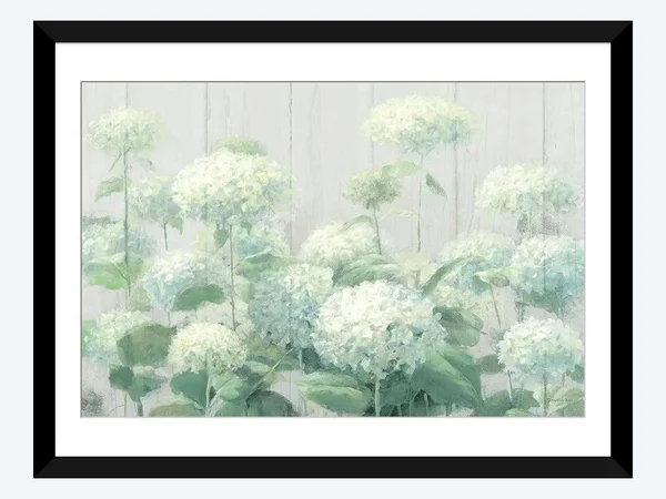 Framed Poster Prints - White Hydrangea Garden Sage on Wood by Danhui Nai ( Floral & Botanical > Flowers > Hydrangeas