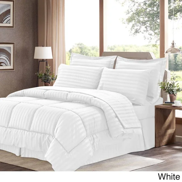 Soft Dobby 8-Piece Striped Down Alternative Bed-in-a-Bag Set w/ Sheets - White - Queen