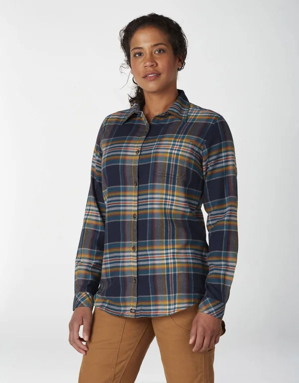Dickies Women's Long Sleeve Plaid Flannel Shirt - Scarf Gold Navy Size Xs (FL075)