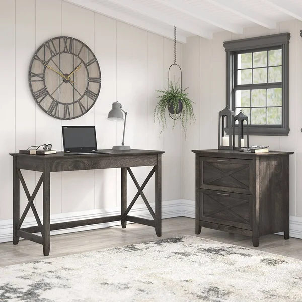Bush Furniture Key West 48x22 Engineered Wood Writing Desk with Lateral File Cabinet - Dark Gray Hickory (KWS003GH)