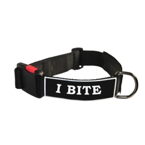 Dean and Tyler Patch Collar - Nylon Dog Collar with I Bite Patches - Black - Size: Large - Fits Neck 26-inch to 37-Inch