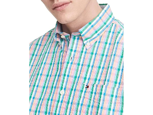 Tommy Hilfiger Men's Custom-Fit Taron Seersucker Check Short Sleeve Shirt - Rose Bloom