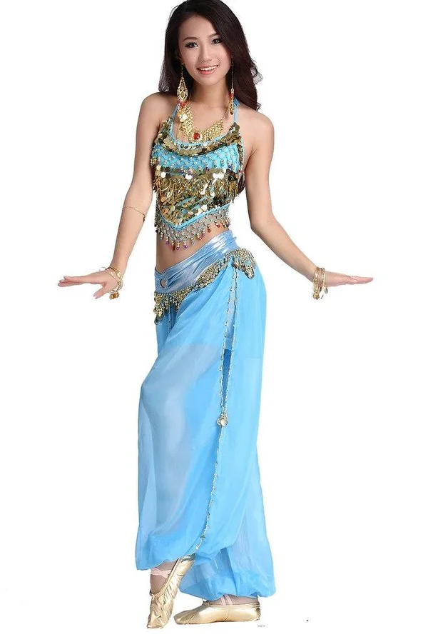 Zltdream Lady's Belly Dance Chiffon Banadge Top and Lantern Coins Pants Light Blue, One Size, Women's