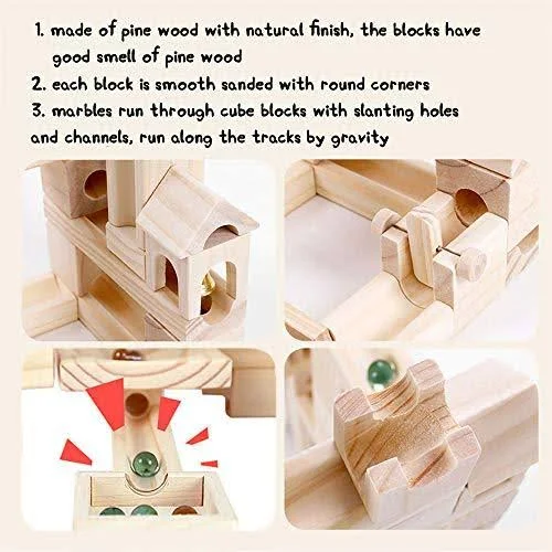 Onshine Wooden Marbles Run Block Toy Solid Wood Building Blocks Set Early Learning Construction Game for Kids (80pc Set)