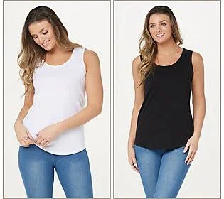 Belle by Kim Gravel TripleLuxe Pima Set of 2Knit Tanks - Size Small, White/Black