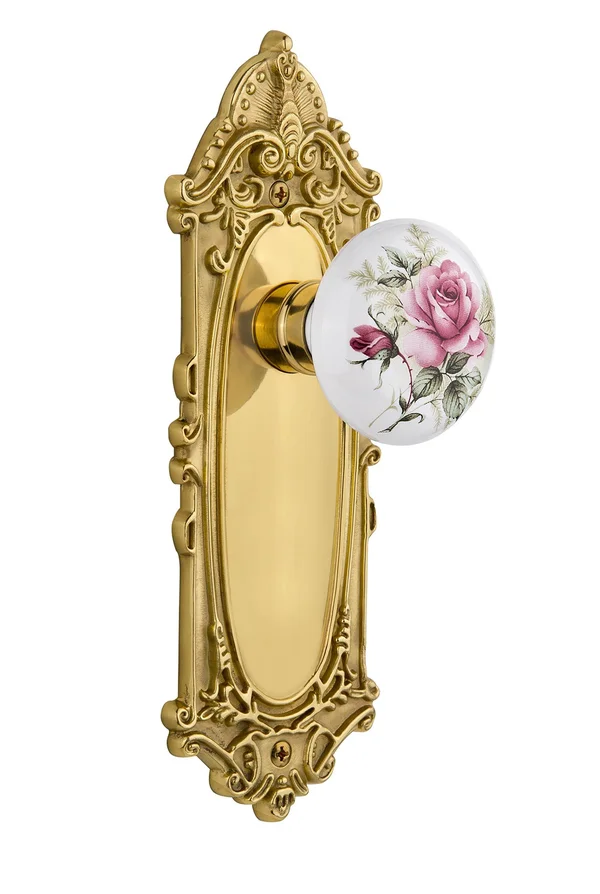 Nostalgic Warehouse 711111 Victorian Plate Double Dummy White Rose Porcelain Door Knob, Polished Brass