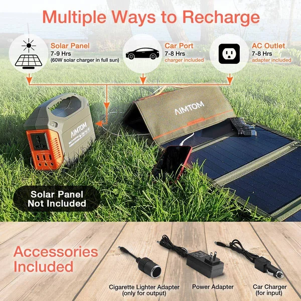 AIMTOM Portable Solar Generator - 42000mAh 155Wh Power Station, Emergency Backup Power Supply with Flashlights, for Camping, Home