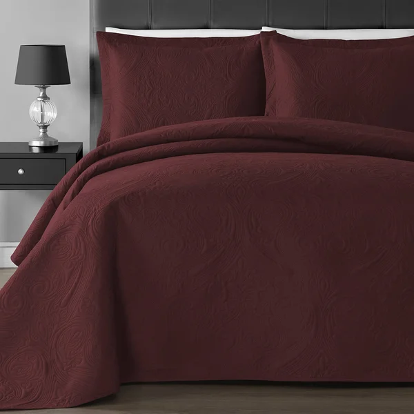 Comfy Bedding Floral Thermal Pressing 3-Piece Oversized Coverlet Set - Burgundy - Full - Queen