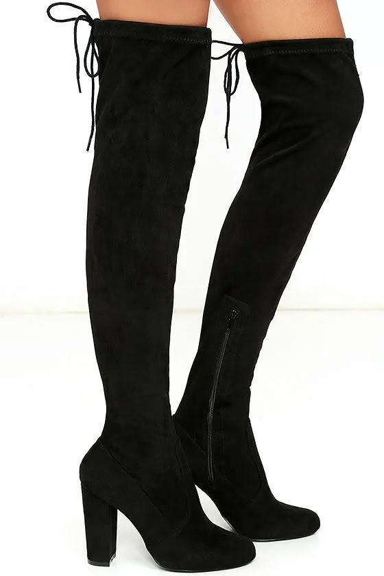 Lulus - So Much Yes Black Suede Over The Knee High Heel Boots, Size 6, Vegan Friendly