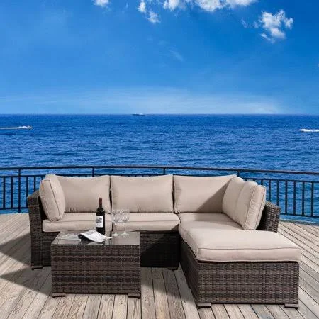 Outdoor Sectional Sofa Sets, 4 Piece Patio Wicker Patio Furniture Set, Patio Sectional with 2 Loveseat Sofa, Ottoman, Coffee Tab