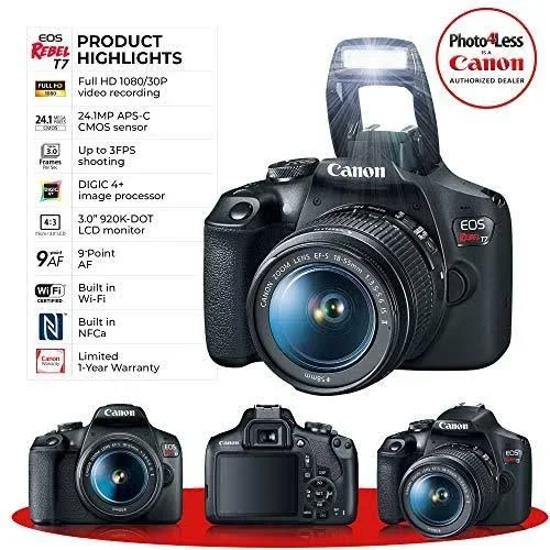 Canon Eos Rebel T7 Digital SLR Camera with EF-S 18-55mm f/3.5-5.6 Is STM Lens + 64GB Memory Card + Wide Angle and Telephoto Lens