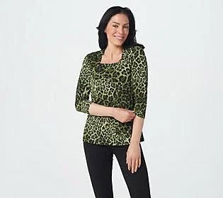 Susan Graver Printed Liquid Knit Square Neck3/4- Sleeve Top - Size 5X, Olive