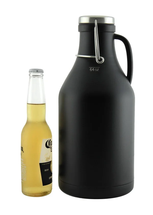 Kegco Grizzly Double Wall Flip Top Beer 64 oz Growler, Black