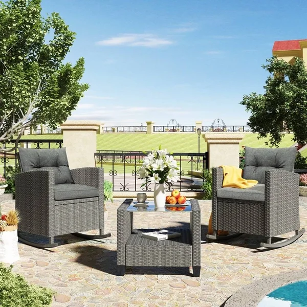3 Piece Rocking Patio Furniture Set - Brown Rattan and Beige Cushion