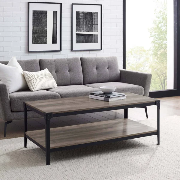 Walker Edison Angle Iron Rustic Wood Coffee Table, Grey Wash