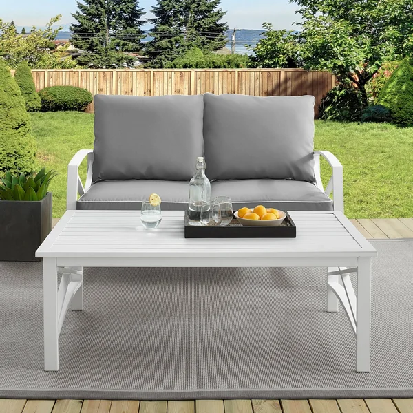 Crosley Kaplan 2-Piece Outdoor Seating Set, White, Gray Cushions, Loveseat, Coffee Table