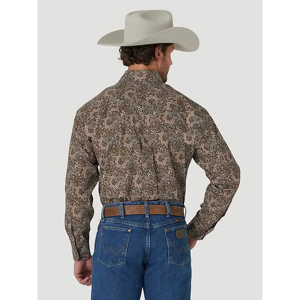 Wrangler Men's L/S Brown Paisley Print George Strait Button Down Shirt