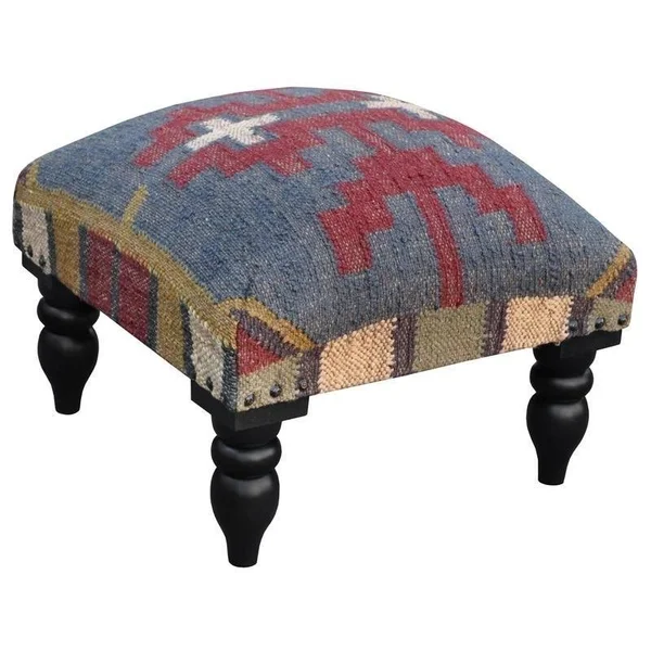 Handmade Kilim Ottoman Footstool (India) - 15" x 15" x 12" (15" x 15" x 12") - Blue, Herat Oriental