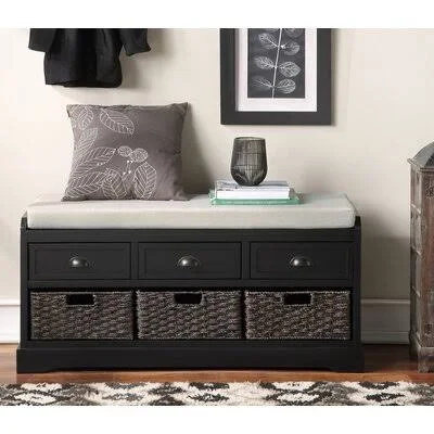 Homes Collection Wood Storage Bench with 3 Drawers and 3 Baskets-White August Grove Color/Pattern: Black