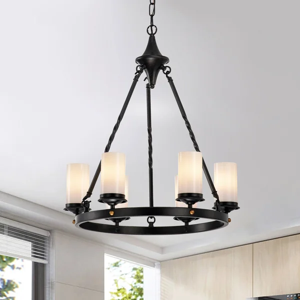 6-Light Antique Black Industrial Chandelier with White Glass Shade