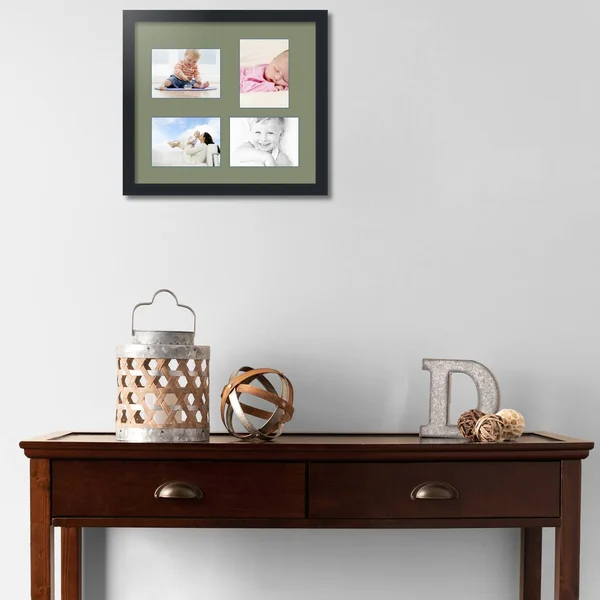 Collage Picture Frame - Satin Black Frame with 4 openings for 5x7 Photos with Green Basil Mat. D3926GK1117, ArtToFrames